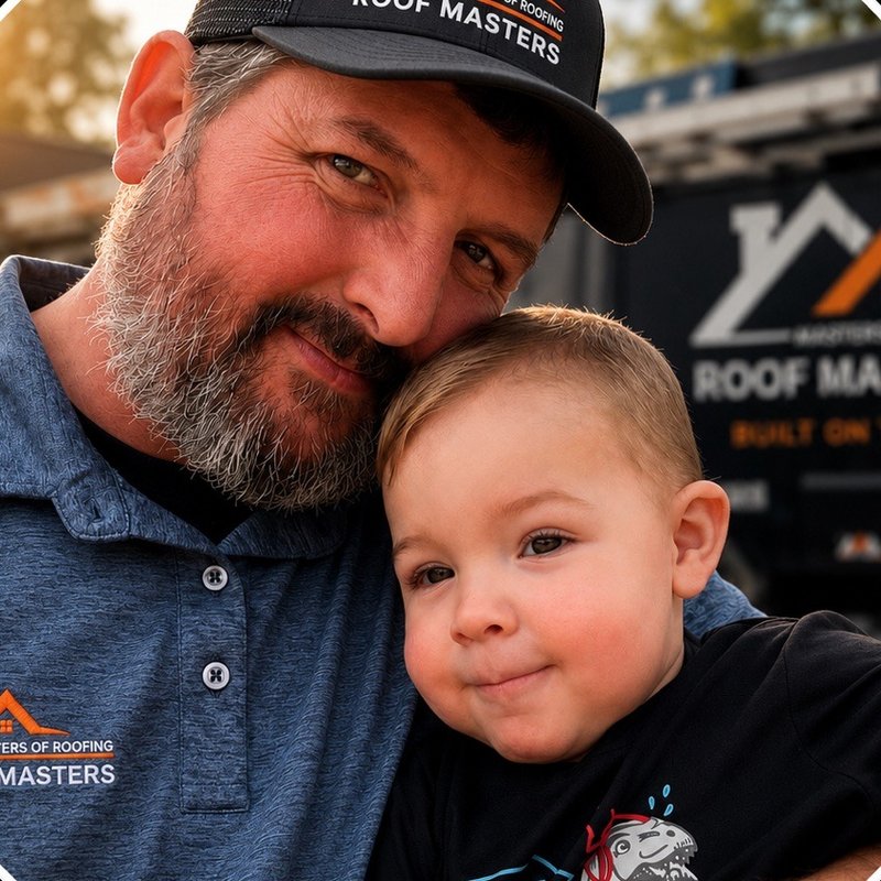 Jason Johnson, owner of Roof Masters, with his grandson in front of a Roof Masters branded work truck