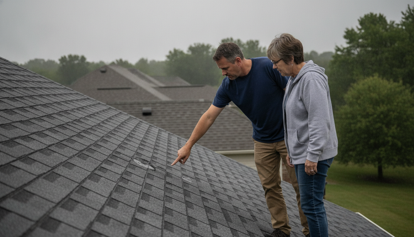 Adjuster and homeowner inspecting hail damage on a shingle roof after a storm