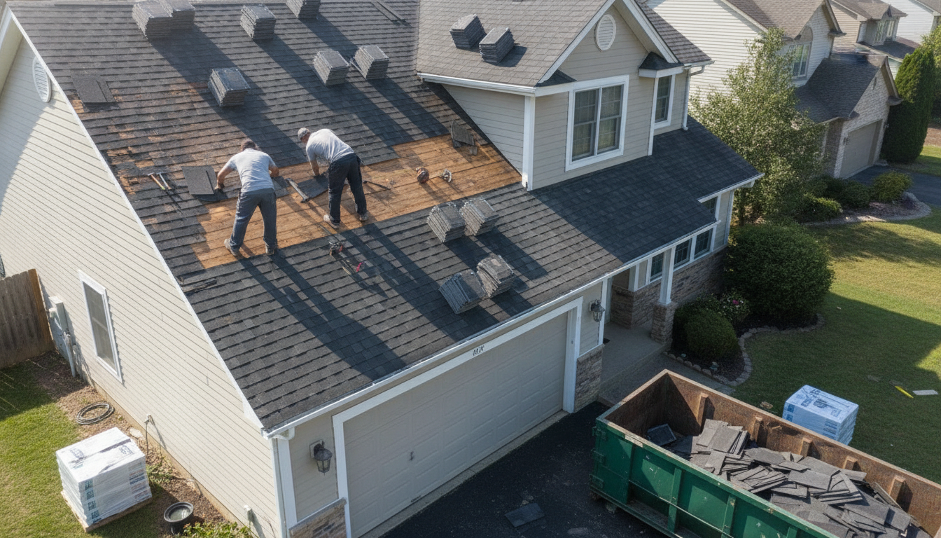 Roofing contractors tearing off old shingles during a residential roof replacement