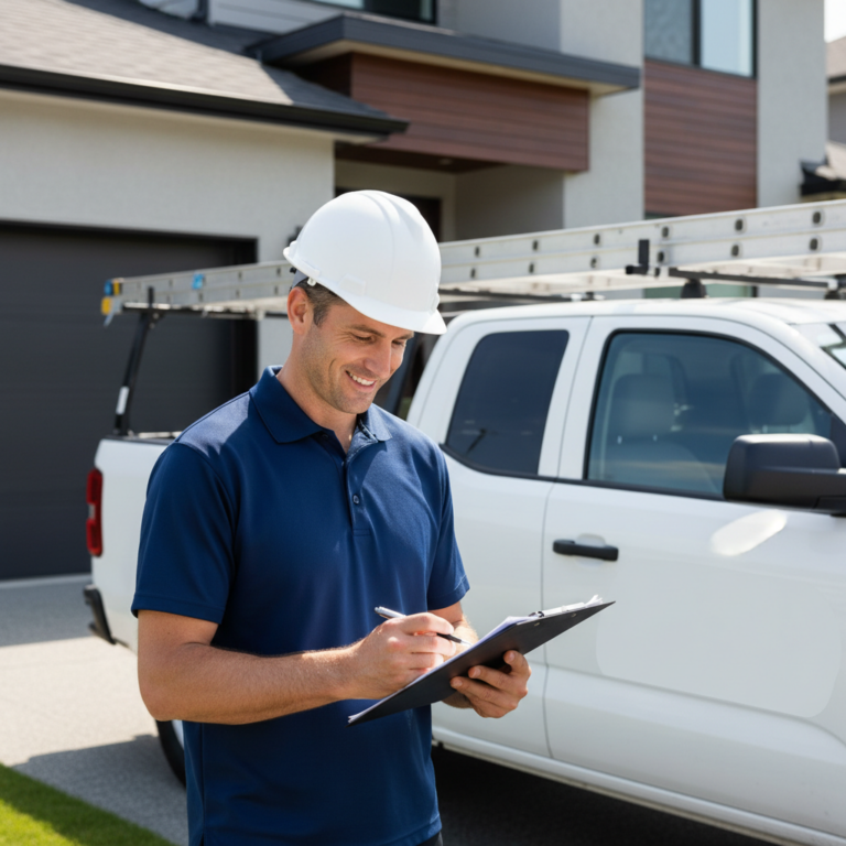 Professional roofing contractor reviewing a written estimate on a driveway beside a work truck
