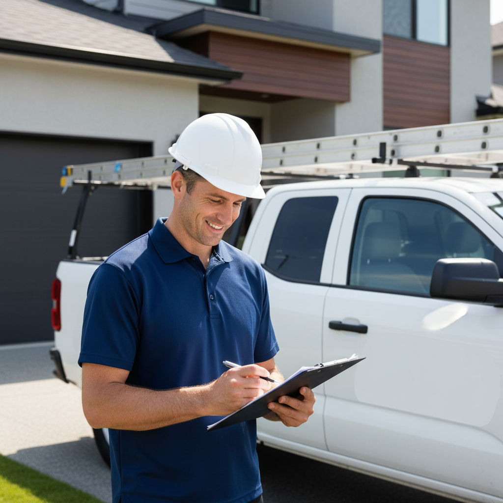 A professional roofing contractor reviewing a written estimate on a clipboard beside a work truck in a home driveway