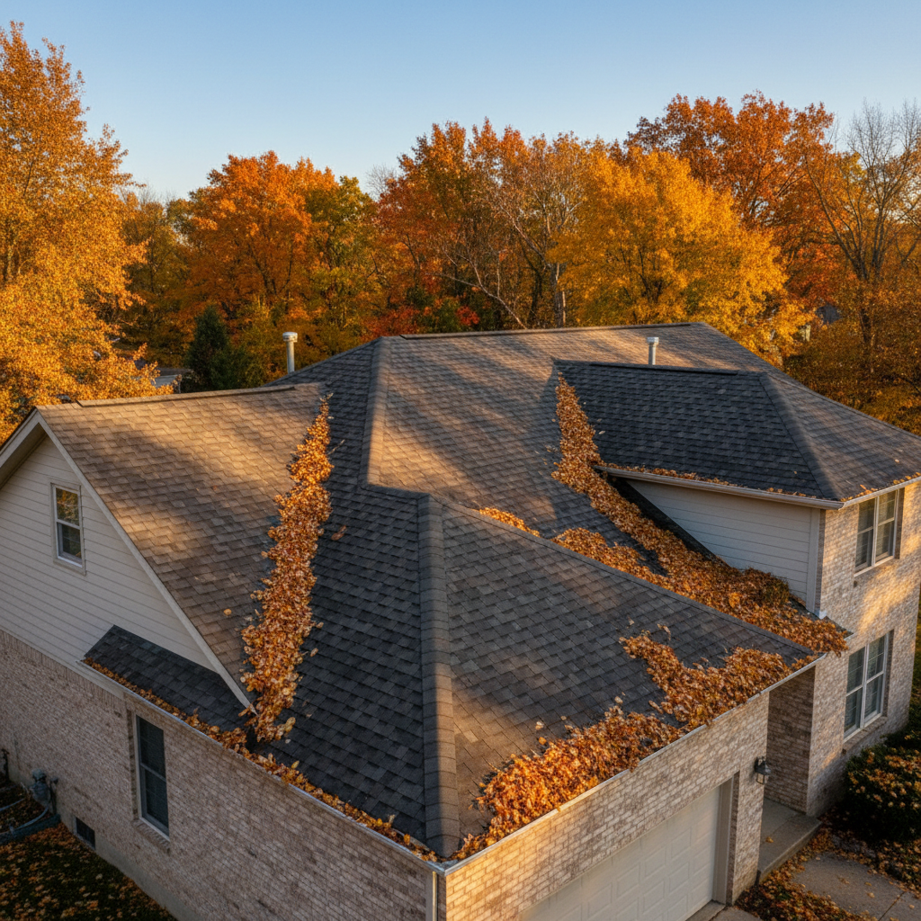 Autumn leaves collected in the valleys and gutters of a suburban asphalt shingle roof